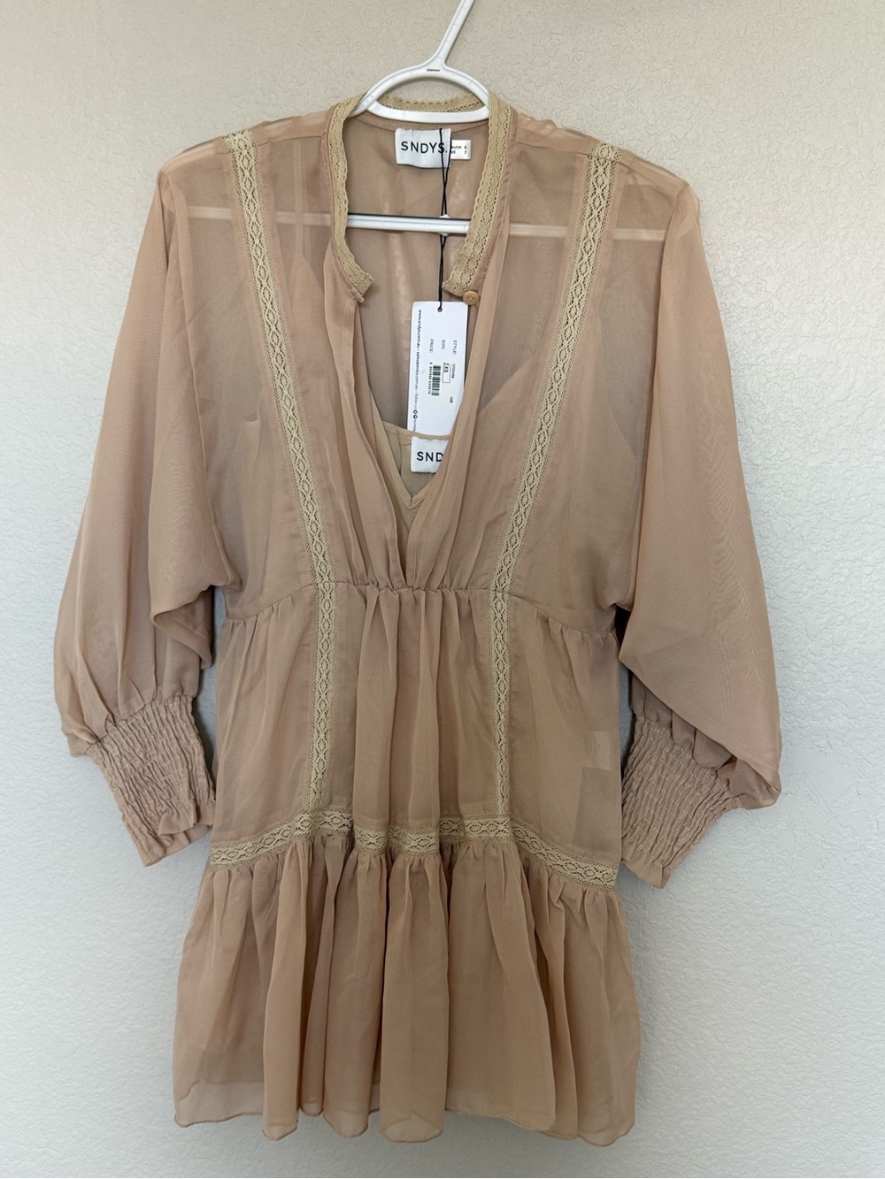 Blush Beige V-Neck Mini Dress with Lace Trim